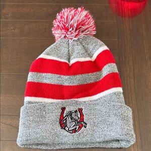 Kids Gray and Red Striped Beanie with Pom-Pom